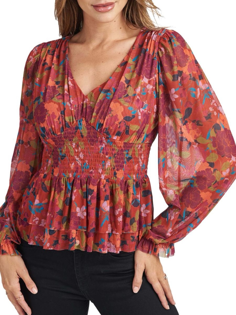 Daniel Rainn Floral Fall Colors Smocked Waist V-Neck Peplum Blouse Sheer Sleeves